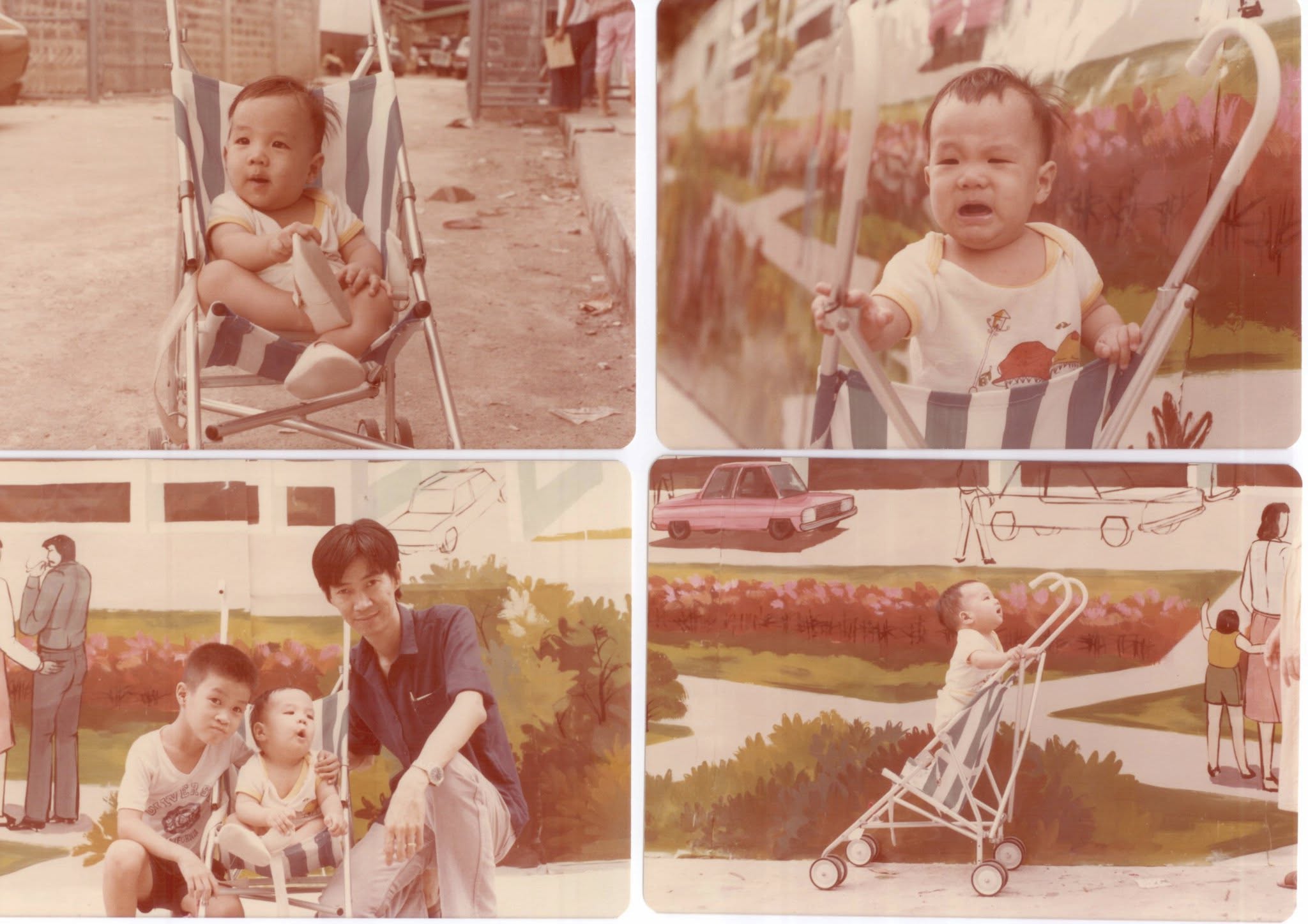 Four photographs of Dr Non as a baby in Bangkok, in a stroller with family nearby